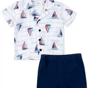 Size 2T Sailboat Print Collard Shirt & Shorts Set - Red White Blue